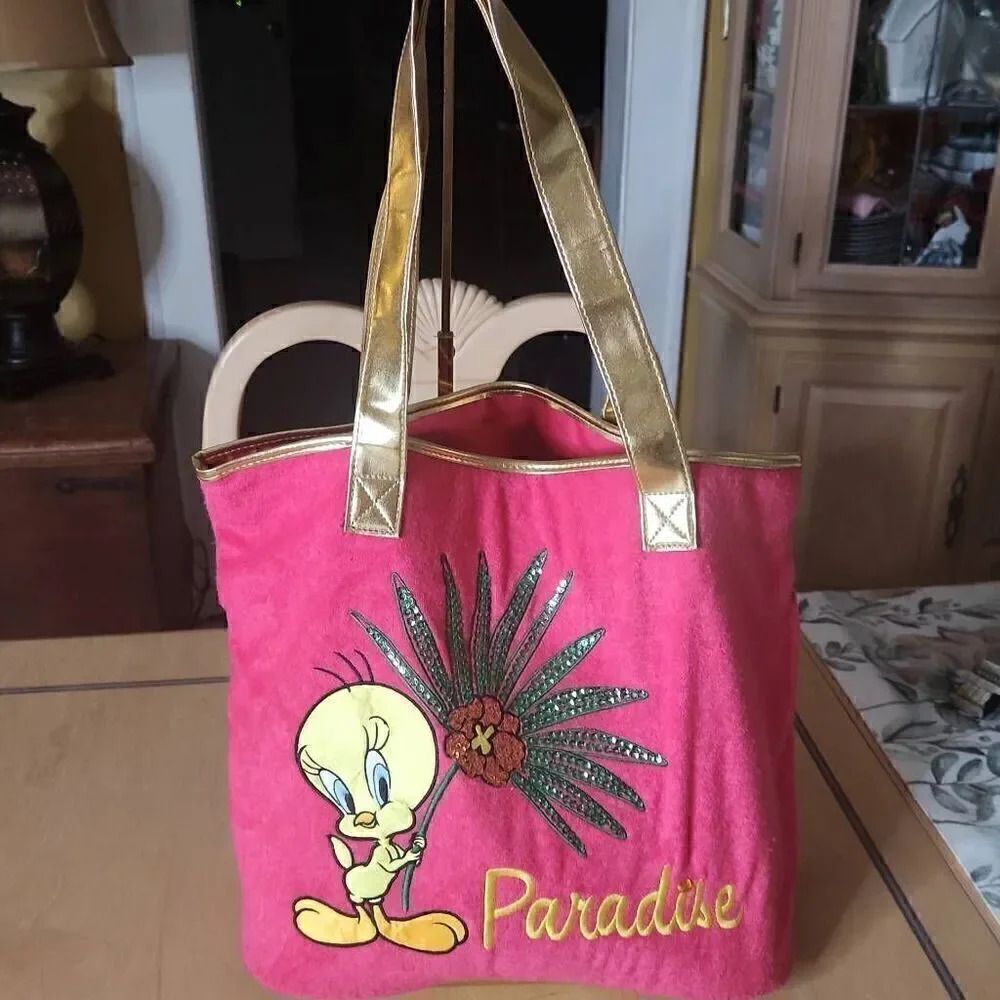 Tweety pink and gold paradise tote bag